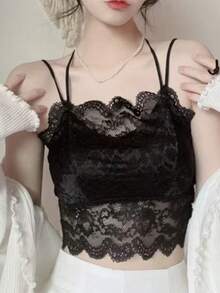 女士保暖内衣上衣，带衬垫文胸，保暖内衬，蕾丝打底衫 - 黑色 - 查看 3