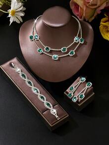 4件套水钻首饰，包括（1条项链+1对耳环+1条手链），时尚百搭，适合女性日常佩戴、婚礼、派对和其他场合。 - 848592 - 查看 7