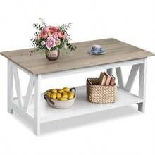 Coffee Table With Storage Shelf 39.4" Farmhouse Coffee Table With V-Frame Support 2-Tier Wood Rustic Center Table For Living Room Bedroom And Balcony Greige And White - White - View 8