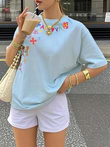 Women's Summer Letter Print Round Neck Loose Casual T-Shirt, Versatile Daily Casual Style. Distinctive Graphic Tee, Women's Light Blue Top, Vacation - Light Blue - View 5