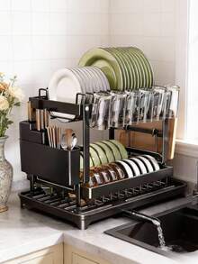 1 Set Removable Dual-Layer Dish Drying Rack, Suitable For Over Sink, Large Capacity Draining Rack Set Includes Dish Rack, Cup Rack, Draining Board, Adhesive Rack And Cutlery Rack - Multicolor - View 11