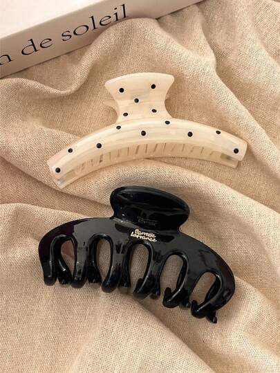2pcs/1pc Women White Polka Dot & Black Plastic Hair Clips, Fashionable, Elegant, Minimalist, Solid Color Hair Claws, Suitable For Daily, Casual, Party, Commute, Beach, Bun, Ponytail, Washing Face, Makeup, Accessory Women Claw Clips Elegant Hair Accessories