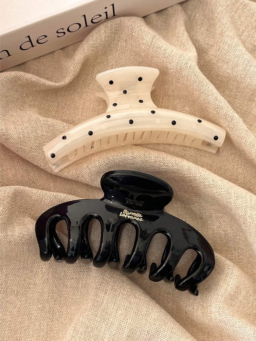 2pcs/1pc Women White Polka Dot & Black Plastic Hair Clips, Fashionable, Elegant, Minimalist, Solid Color Hair Claws, Suitable For Daily, Casual, Party, Commute, Beach, Bun, Ponytail, Washing Face, Makeup, Accessory Women Claw Clips Elegant Hair Accessories - Multicolor - View 1