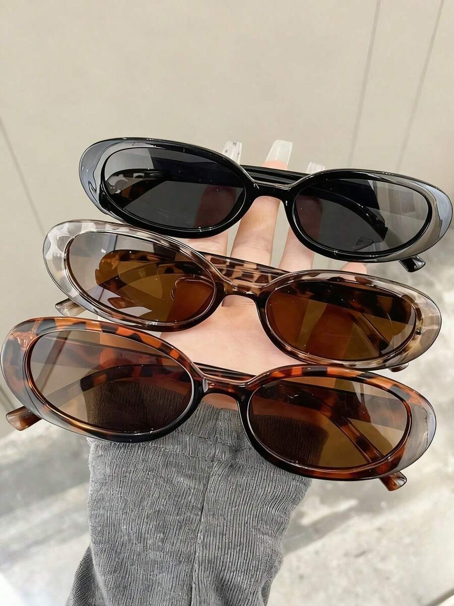 3副椭圆形塑料框复古Y2K时尚眼镜，适合户外、日常生活、旅行、海滩等各种场合，可用作服装配饰或沙滩配饰。这款眼镜适合夏季海滩度假、户外活动、旅行、返校季、学院风、校园风以及各种场合。 - 黑白豹紋 - 查看 1