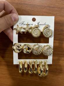 7对时尚金色海星贝壳不对称耳环，适合海滩、旅行和日常佩戴