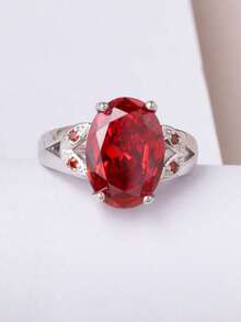 1 pieza Anillo de lujo chapado en cobre con oro blanco y piedra de cristal de circonia roja - Rojo - Ver 7