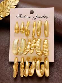 18件套女士金色几何耳环套装，时尚百搭，适合日常佩戴、送礼、节日和派对场合。 - 金色 - 查看 5