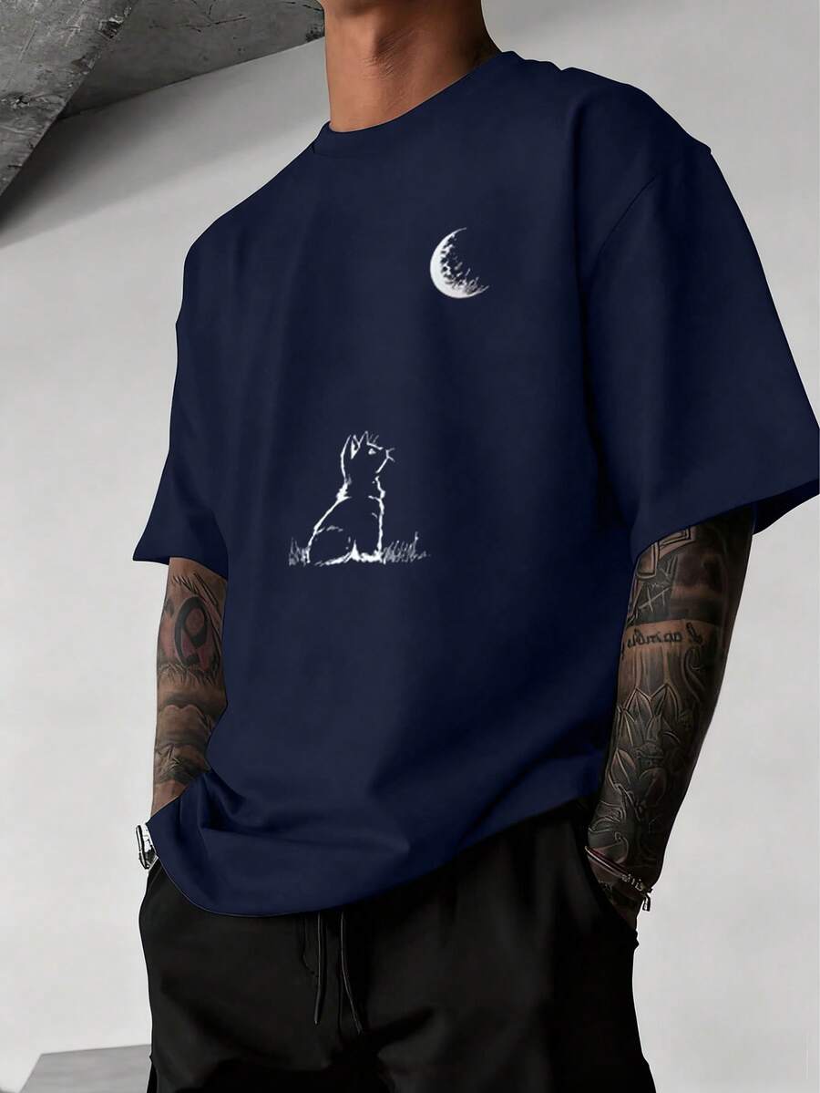 Men's Casual Fashionable Versatile Cat & Moon Print Round Neck Short Sleeve T-Shirt, Summer - Navy Blue - View 1
