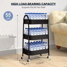 3-Tier Utility Rolling Cart With Handle And Lockable Wheels, Metal Storage Organizer With Mesh Baskets For Kitchen, Living Room, Office, And Garage (Black) - Black + Normal - View 2