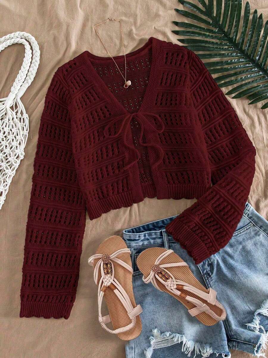 Women's Spring/Summer Casual Solid Color Textured Sheer Open Front Long Sleeve Cardigan, Soft Comfy Women's Spring Fashion Essential, Western Boho Top For School/Beach/Island/Chill Autumn, Valentine/Christmas/New Years Outfit, Women Curve-Flattering Holiday Gift - 紅色 - 查看 1
