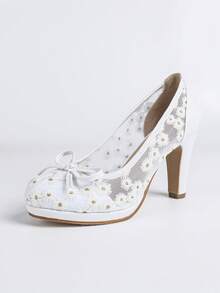White Mesh Round Toe Pumps, Chunky Heel Slip-On Bowknot Breathable Shoes For Women - White - View 7