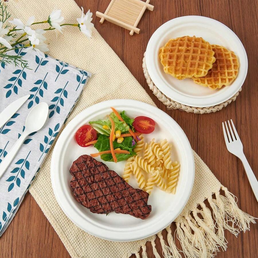 10/50pcs 7/8/9 Inch Thick Luxury Sugarcane Fiber Paper Plates - Leak-Proof, Disposable, Suitable For Outdoor Picnic And Celebration Events