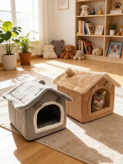 1个大空间宠物屋 - 米色/灰色，柔软蓬松材质，四季皆宜，透气猫狗床，为小型/中型猫狗提供舒适的休息场所，是客厅、卧室装饰和宠物爱好者的理想礼物。