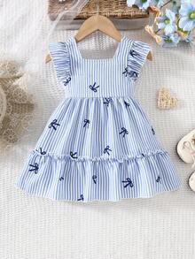 夏季新款女婴无袖背带连衣裙，清新蓝白条纹蝴蝶结设计，舒适休闲幼儿夏季连衣裙 - 藍色 - 查看 1