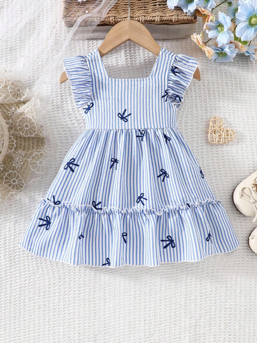 夏季新款女婴无袖背带连衣裙，清新蓝白条纹蝴蝶结设计，舒适休闲幼儿夏季连衣裙 - 藍色 - 查看 1