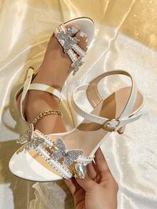 Women's Elegant French Stiletto Heel Sandals Round Toe Rhinestone Embellished 3D Floral Dress Sandals For Party Dating - White - View 10
