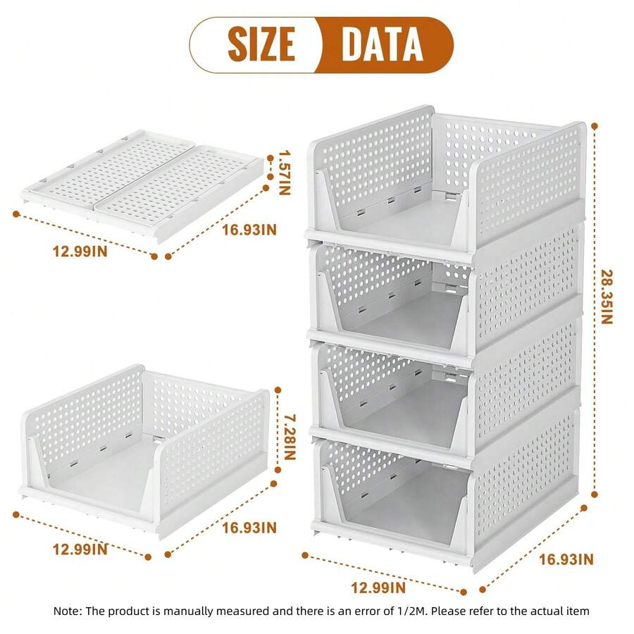 Bộ 1/2/4 giỏ/hộp đựng đồ bằng nhựa gấp gọn, thích hợp cho tủ quần áo, tủ đựng đồ, nhà bếp, phòng tắm, văn phòng.