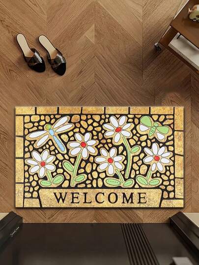 1件装春日黄色字母白色花卉图案门垫，清新花卉入口垫，小花玄关地毯，艺术客厅地毯，家居装饰地毯，卧室优雅艺术地垫，艺术家居装饰地毯