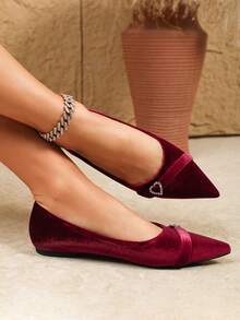 女士尖头水晶爱心装饰休闲平底鞋，时尚春夏款 - 酒紅色 - 查看 3
