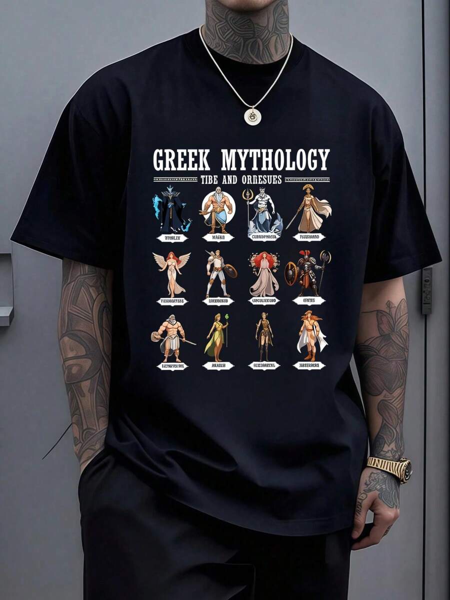 Camiseta Hombre, Mitología Griega, Personajes Clásicos, Diseño Detallado, Ideal para Eventos Informales, Moda Geek, Cultural, Aesthetic Vintage, Fit Relaxed, Look Deportivo-Casual,playera de hombre,ropa de hombre,playeras,parejas,envio nacional,regalo para hombre,oversize hombre. - Negro - Ver 1