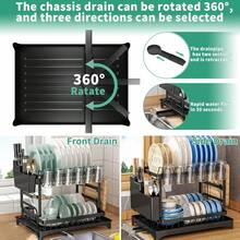 Escurreplatos de acero inoxidable negro de dos niveles para encimera de cocina, con canal de drenaje, soporte integrado para utensilios y tabla de cortar, organizador de vajilla, regalo perfecto para San Valentín. - Negro - Ver 5