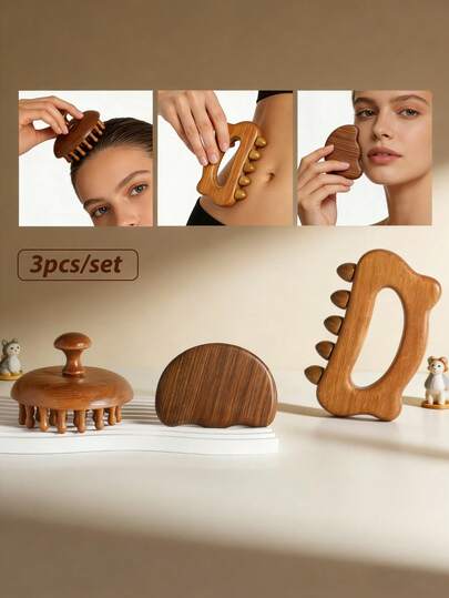 3pcs/Set Natural Sandalwood Material Coarse Tooth Head Massage Comb, Body Massage Scraper, Muscle Relaxation Massage Tool, Small Portable Gua Sha Massage Board, Unisex