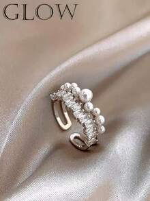 1pc Luxury Exquisite Niche High-End Copper Material Full Diamond Faux Pearl Ring, Suitable For Young Girls, Valentine's Day, Daily Wear, Festivals - Silver - View 3