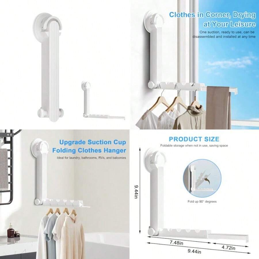 Foldable Clothes Drying Rack With Suction Cup Wall-Mounted Clothes Drying Rod With Retractable Rod For Laundry Bathroom RV Balcony Travel Portable Drying Rack For Clothe White - 均碼 - 查看 1