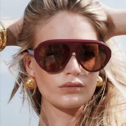 1pcLadies' Large Frame Light Plate Versatile Toad Mirror Wine Red Pilot PC Frame Solid Color Large Frame Street Photography Vacation Fashion Glasses