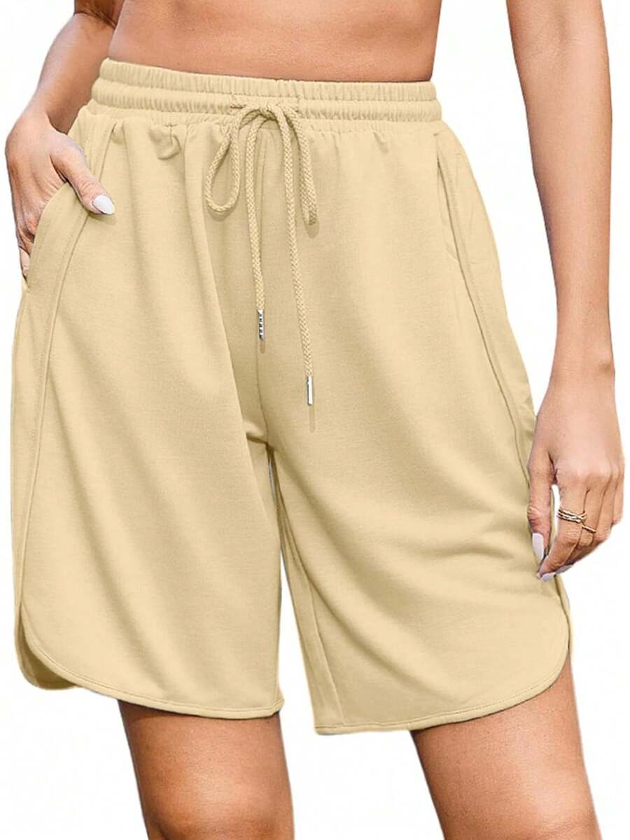 Quenteen Women's Sweat Shorts Bermuda Long Shorts Athletic Casual Loose Cotton Shorts (Available In Plus Size)A Valentine's Day 46QM - 9吋米色 - 查看 1