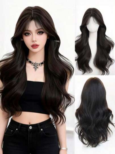 24-Inch Women's Elegant Black-Brown Long Curly Wig, Suitable For Females, Natural Wavy Rose Net Cap Heat-Resistant Synthetic Fiber Material, Great For Daily Wear And Halloween Parties
