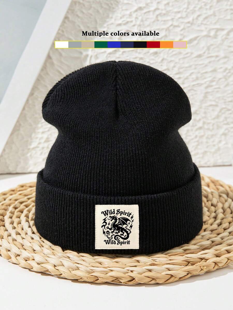 1pc Unisex Wild Spirit Knit Beanie, Couple Outdoor Sports Skiing Streetwear Warm Knit Cap, Autumn/Winter - C - View 1