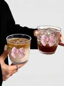 1个独特创意粉色蝴蝶结玻璃杯，高品质ins风咖啡杯，优雅下午茶杯，家用饮水杯，早餐牛奶杯，茶杯 - 彩色 - 查看 7