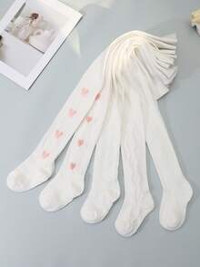 5pcs Girls' White Tight Leggings, Heart, Butterfly, Diamond, Wave Jacquard Tights, Suitable For Daily Wear All Seasons - White - View 4