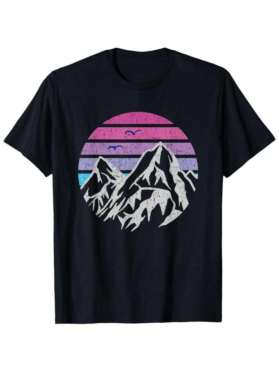 Mountains Retro Sunset Vintage Graphic Hiking Camping T Shirt - màu đen - Xem 1
