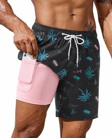 7inch Mens Swim Trunks: With Compression Liner Zipper Pocket Drawstring Quick Dry Stretch Lined Tree Beach PoolA Valentine's Day EEC3 - Black Palm Tree - View 7