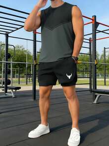 Costum sport pentru bărbați, vestă și pantaloni scurți cu strat dublu - Gri inchis - Vizualizare 1