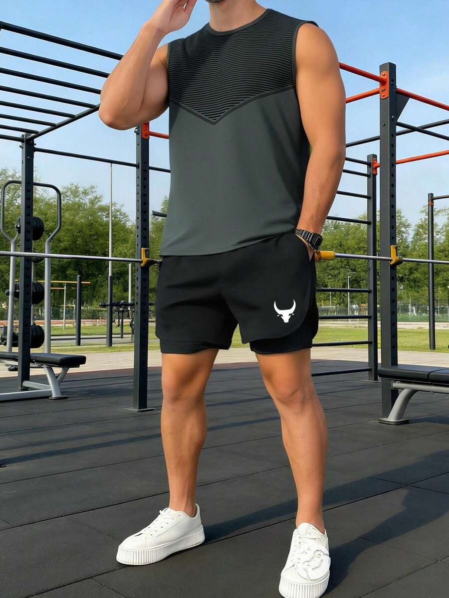 Costum sport pentru bărbați, vestă și pantaloni scurți cu strat dublu - Gri inchis - Vizualizare 1