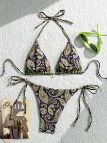 2025 Vintage Print Pattern Sexy Women Bikini Two Pieces Set Vacation Beach Summer - Multicolor - View 2