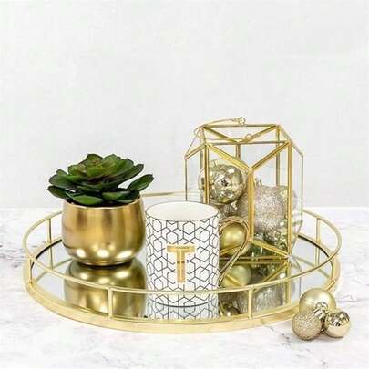DEENZ Round Gold Mirrored Decorative Tray Deep Metal Serving Platter Circular Framed Storage Dish Table Decoration Candle Holder Geometric Shape Counter Top Perfume & Makeup Organiser 37.5 X 4.5 Cm