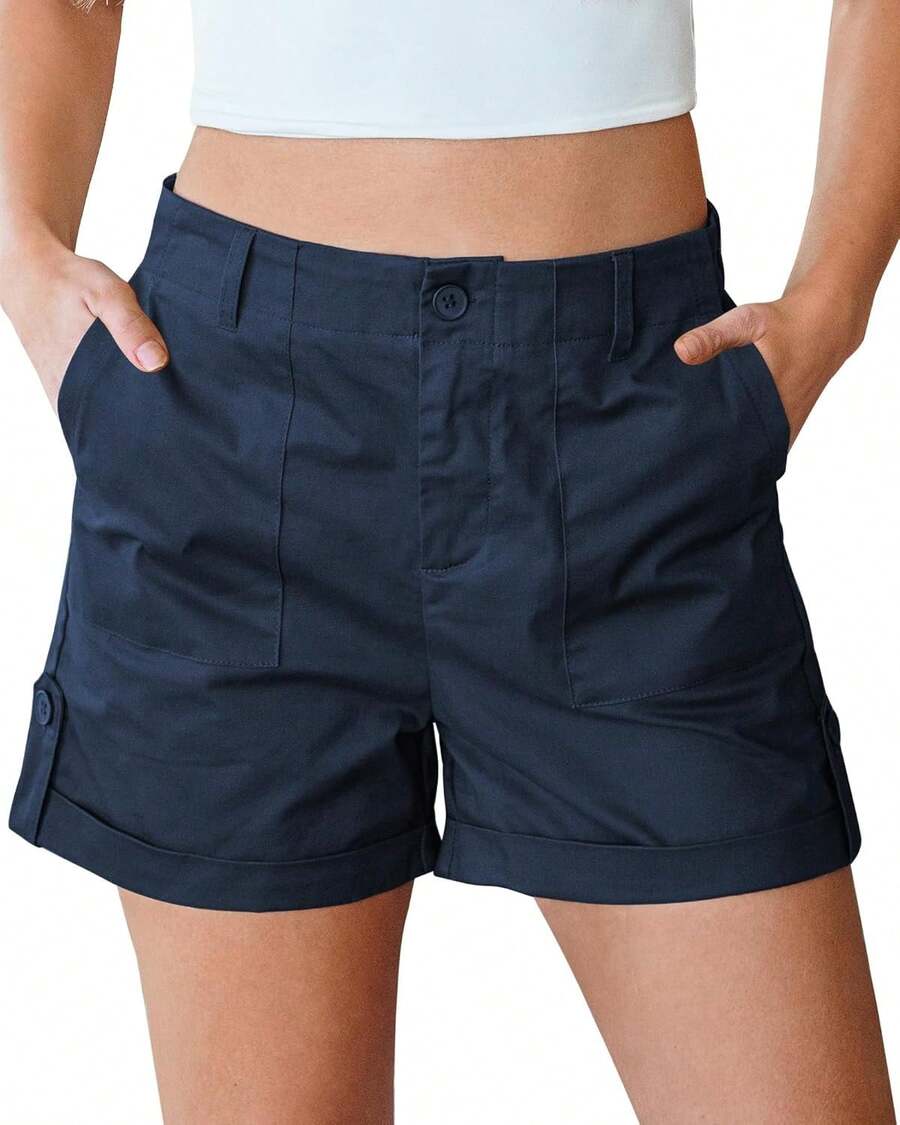 Shorts Women High Waisted Dressy Casual Summer Elastic Waist Comfy Rolled Hem Stretch Twill Pocket ShortsA Valentine's Day GQEL - 藏蓝色 - 查看 1