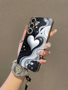 1个黑色电镀TPU心形图案防震全包手机壳，搭配1条黑色滴胶水钻花朵挂绳，时尚百搭创意全包手机壳，兼容三星A14/A54/A56/A31 4G/A23、OPPO A98、S24、S25 Ultra等机型。 - 彩色 - 查看 3