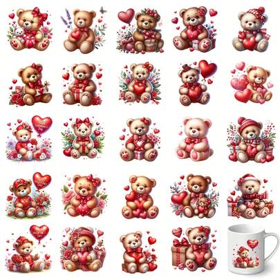 24pcs Valentines Teddy Bear DIY UV Transfer Transfer Stickers Set, Self-Adhesive Decals For Mugs, Bottles & Laptops Versatile For Furniture, Glass, Easy To Apply, Positive Valentines Decorations DIY Home Life Inspiration