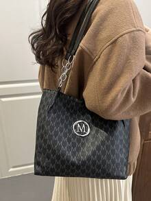 1pc Women's Fashion Commuter Letter Print Shoulder Bag, Portable Versatile Large Capacity Tote Bag, Suitable For Dates, Shopping, Gifts, Work - Black - View 5