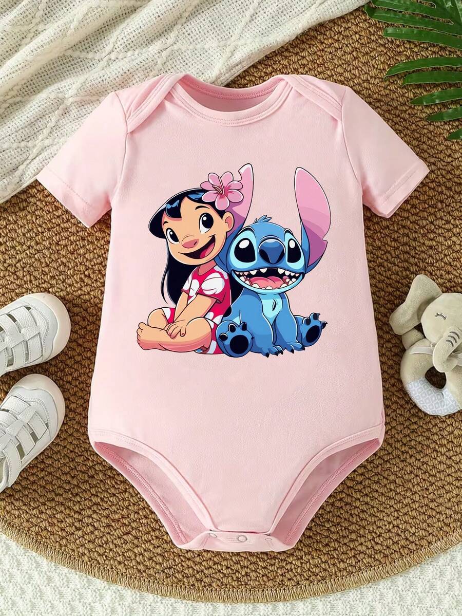 Disney Baby Clothing, Newborn  - Unisex - Disney Stitch And Lilo Cartoon Print - Crawling And Toddling Stage Set - Summer Outdoor Casual Crewneck Crawling Coverall With Triangle Hem Design - Summer Essential Item - Playful And Fun - Adorably Cute - Perfect Holiday Gift For Infants And Toddlers - Hồng - Xem 1