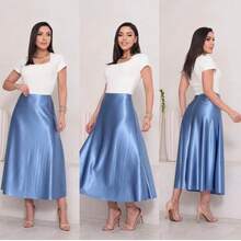 Women's Skirt, Formal Skirt, A-Line Satin Midi Skirt, Elegant Skirt, Stylish, Asymmetrical. - Màu xanh lam - Xem 1