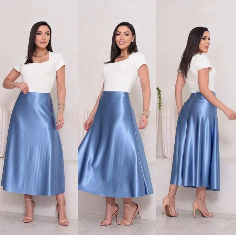 Women's Skirt, Formal Skirt, A-Line Satin Midi Skirt, Elegant Skirt, Stylish, Asymmetrical. - Màu xanh lam - Xem 1