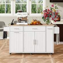 Kücheninsel Auf Rollen, Ausziehbarer Essbereich Kücheninsel Mit Arbeitsplatte Und Abfallbehälterfach, Mobile Kücheninsel Fristehend Mit Steckdosenleisten (Weiß) - White - View 6