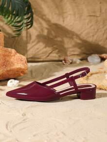 女士尖头粗跟凉鞋，休闲户外搭扣露趾高跟鞋，优雅酒红色正式高跟鞋 - 酒紅色 - 查看 5