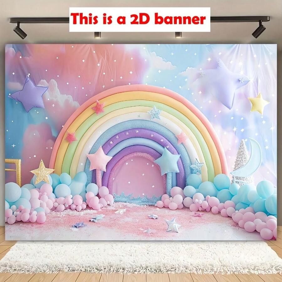 1 pieza Fondo de cumpleaños con tema arcoíris: Pastel colorido con acentos dorados, fondo vibrante de arcoíris, decoración de fiesta con confeti multicolor - Adecuado para fotografía de cumpleaños 1º, 2º, 3º, temporada de regreso a clases - Multiusos, uso estacional - No se requiere electricidad - Multicolor - Ver 1